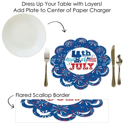 Big Dot Of Happiness Firecracker 4th Of July - Red, White And Royal Blue Party Round Table Decorations - Paper Chargers - Place Setting For 12 8 Big Dot Of Happiness Firecracker 4th Of July - Red, White And Royal Blue Party Round Table Decorations - Paper Chargers - Place Setting For 12 - Image 6