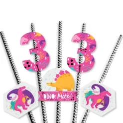 Big Dot Of Happiness 3rd Birthday Roar Dinosaur Girl - Paper Straw Decor - Three Rex Dino Third Birthday Party Striped Decorative Straws - Set Of 24 -Household Cleaning Supplies GUEST 20dd1c49 6d46 4648 a17f 1c030a5c2e58