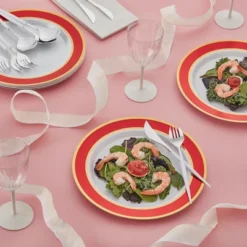 Elegant Disposable Plates For Party - (10 Piece) Heavy Duty Disposable Dinner Set, Fine Dining Plastic Dishes For Elegant China Look, Red, Jubilant