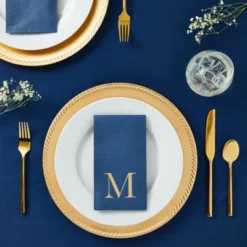 Sparkle And Bash 100 Pack Navy Blue Monogrammed Gold Foil Letter M Paper Dinner Napkins For Engagement & Wedding Party, 4x8 In