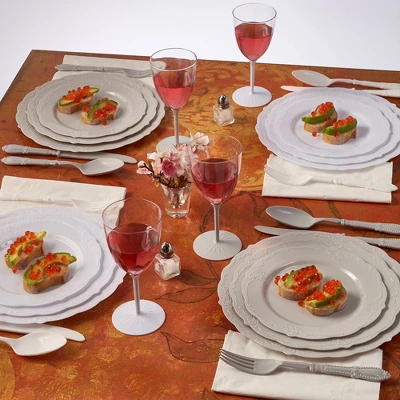 Silver Spoons Antique Disposable Flatware Set, Includes 48 Forks, 24 Spoons And 24 Knives, Vintage Collection - Grey 3 Silver Spoons Antique Disposable Flatware Set, Includes 48 Forks, 24 Spoons And 24 Knives, Vintage Collection - Grey