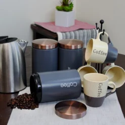 MegaChef Essential Kitchen Storage 3 Piece Sugar, Coffee And Tea Canister Set In Matte Gray -Household Cleaning Supplies GUEST 65a3314e fb69 44c0 b91d 51e8c46c28f4