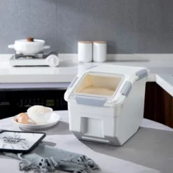 HANAMYA 10 Liter Food Storage Lidded Container With Handle, Wheels, And Measuring Cup For 20 Pounds Of Rice Or 10 Pounds Of Pet Food, White (Set Of 2)