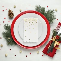 Sparkle And Bash 100-Pack White And Gold Scalloped Dinner Napkins - Gold Polka Dot Disposable Paper Napkins For Wedding (4x8 In)