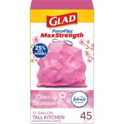 Glad ForceFlex MaxStrength Tall Kitchen Drawstring Pink Trash Bags - Cherry Blossom - 13 Gallon -Household Cleaning Supplies GUEST 873be7b4 3896 437d 872c 9d4ea93da20d