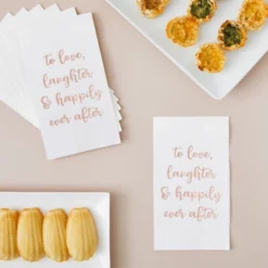 Sparkle And Bash 100 Pack White Wedding Dinner Napkins, To Love, Laughter And Happily Ever After, 4 X 8 In