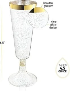 Chateau Fine Tableware Plastic Champagne Flutes Disposable - Gold Glitter With A Gold Rim - [1 Box Of 48] 4.5 Oz Premium Toasting Flutes
