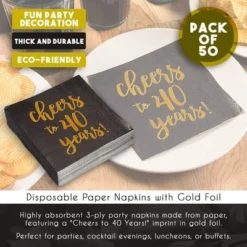 Blue Panda 50 Pack Cheers To 40 Years Cocktail Napkins For 40th Birthday, Anniversary Party Supplies, 3-Ply, Black And Gold Foil, 5 X 5 In -Household Cleaning Supplies GUEST c3253887 12a9 49b4 8c0e a422454d3363
