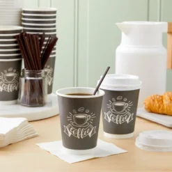 Sprakle And Bash 50 Pack 12 Oz To Go Coffee Paper Cups With Lids, Stir Straws, Napkins, Black