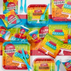 Creative Converting 24ct Rainbow Cake Square Dessert Plates Pink