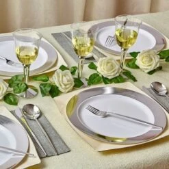 Silver Spoons Metallic Rimmed Plastic Plates For Party, Heavy Duty Disposable Dinner Set, (10 PC), Ritz Collection